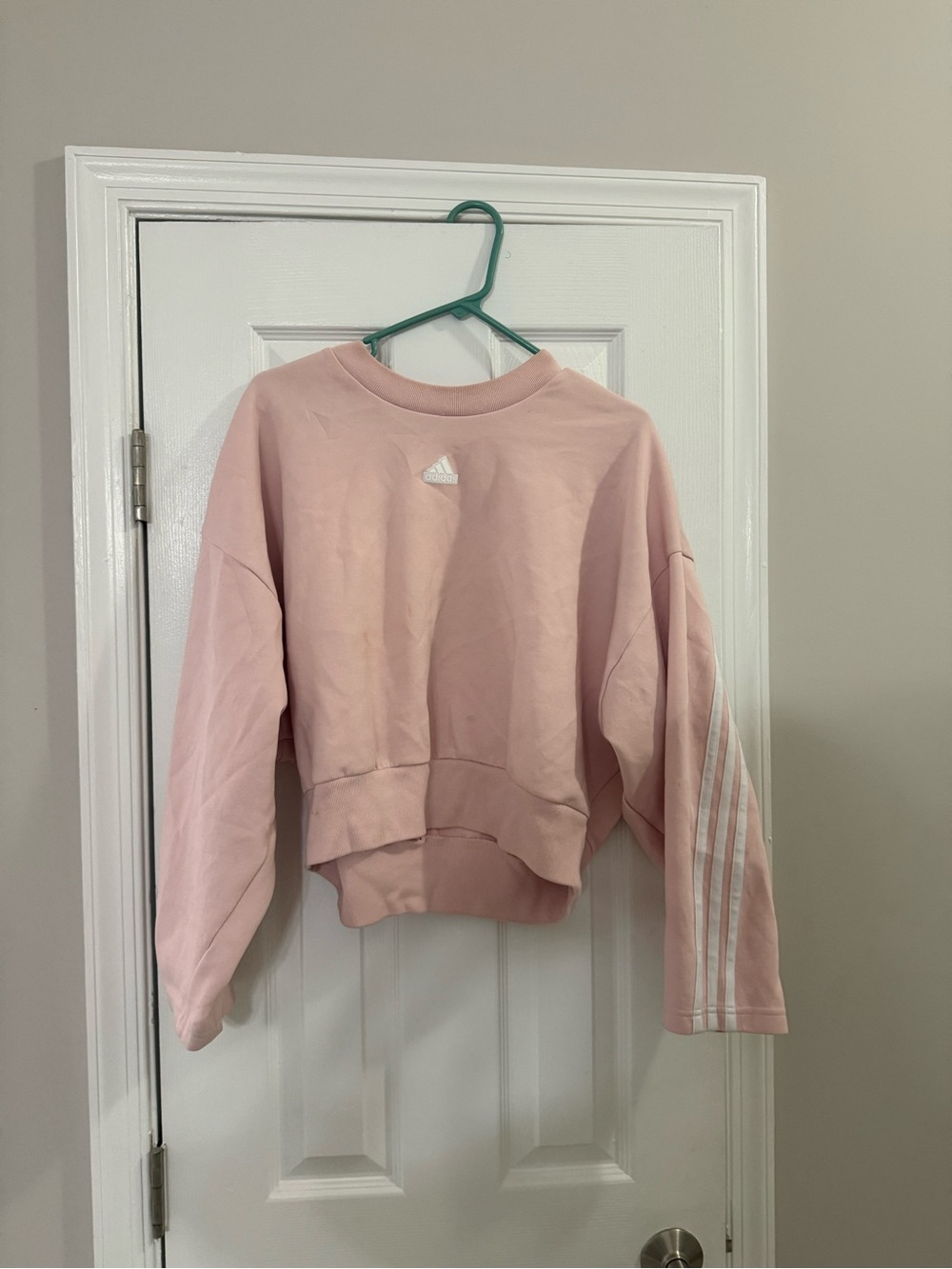 adidas Light Pink Crop Crewneck Sweatshirt with Sleeve Stripes